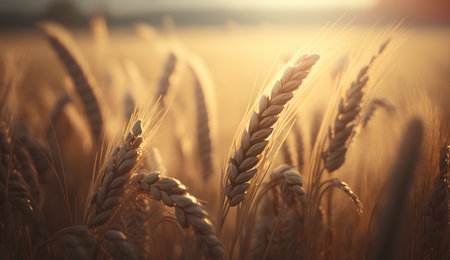 Wheat field. Ears of golden wheat close-up. Rich harvest Concept.の素材