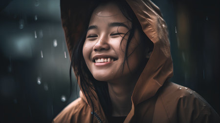 Portrait of a beautiful young asian woman in raincoat.の素材