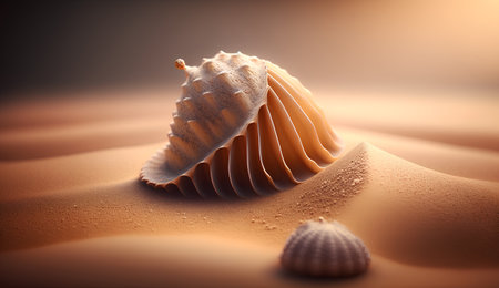 Beautiful seashells in the sand. 3d illustration.の素材