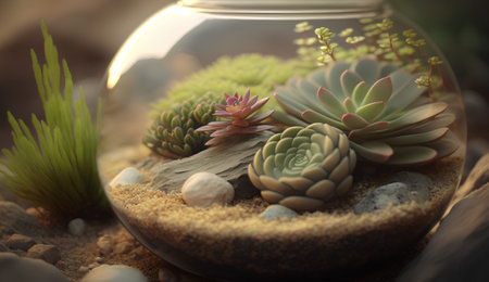 Succulents in a round glass vase on a stoneの素材