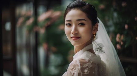 Portrait of beautiful asian bride in white wedding dress with veilの素材