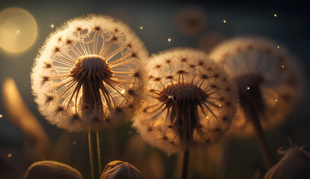 Dandelion seeds in the rays of the setting sun. 3d renderingの素材