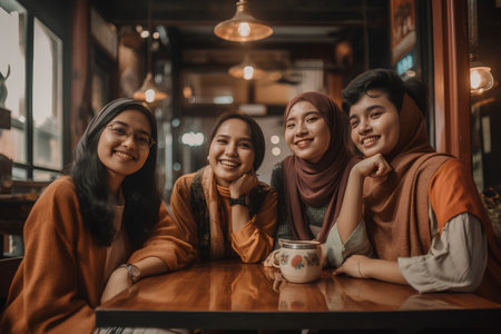 Group of happy asian muslim women sitting in a cafe.の素材