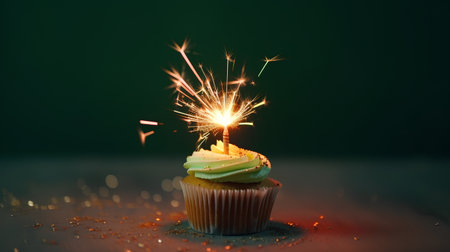 Birthday cupcake with sparkler on dark background. Shallow DOFの素材