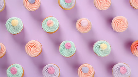 Colorful cupcakes on pastel background. Flat lay, top viewの素材