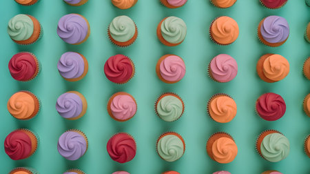 Colorful cupcakes on green background. 3d render illustration.の素材