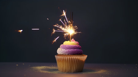 Birthday cupcake with sparkler on dark background. Shallow depth of fieldの素材
