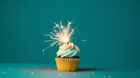 Cupcake with sparkler on a green background with copy spaceの素材