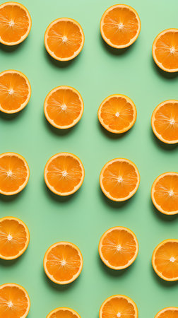 Creative pattern made of orange slices on mint background. Flat lay, top view minimal summer concept.の素材