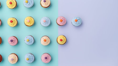 Cupcakes on pastel blue background. Top view with copy spaceの素材