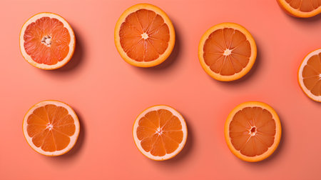 Creative layout made of fresh grapefruits on orange background. Flat lay, top viewの素材