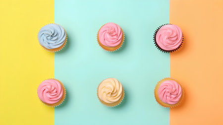 Colorful cupcakes on colorful background. Top view, flat layの素材