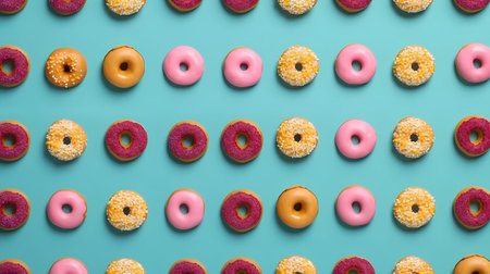 Colorful donuts pattern on blue background. Flat lay, top view.の素材