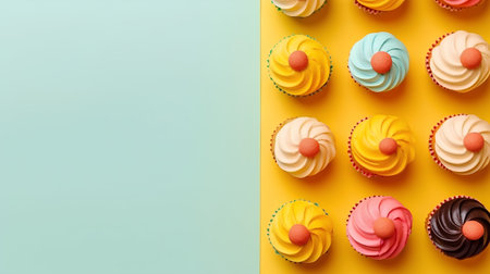 Colorful cupcakes on yellow and green background. Top view.の素材