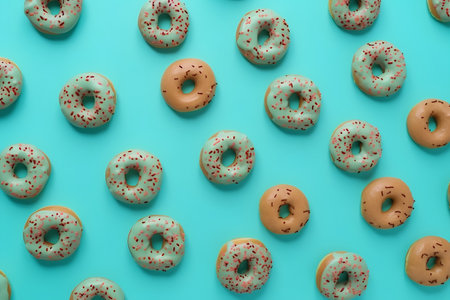 Colorful glazed donuts with sprinkles on pastel blue backgroundの素材