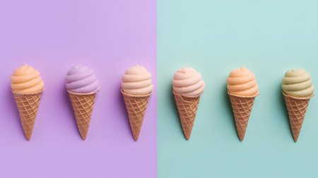 Flat lay of colorful ice cream cones on blue and pink backgroundの素材
