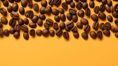 Coffee beans on yellow background. Top view with copy spaceの素材