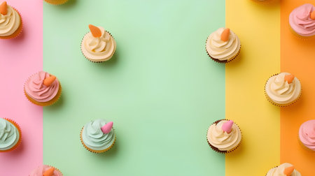 Colorful cupcakes on colorful background. Top view with copy spaceの素材