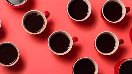 Coffee cup pattern on red background. Flat lay, top viewの素材