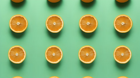 Creative pattern made of fresh oranges on green background. Flat lay, top view minimal summer concept.の素材
