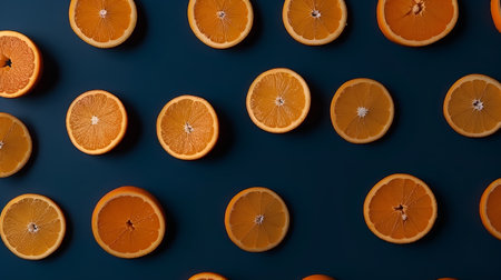 Slices of orange on a blue background. Top view.の素材