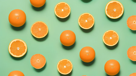 Creative pattern made of fresh oranges on green background. Flat lay, top view minimal summer concept.の素材