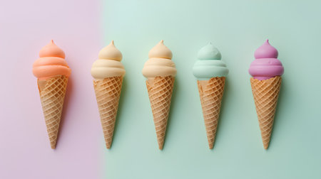 Ice cream cones on pastel background. Flat lay, top viewの素材