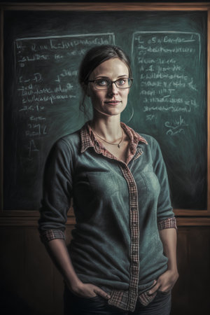 Portrait of a teacher standing in front of a blackboard.の素材