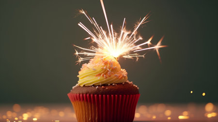 Birthday cupcake with sparkler on dark background. Shallow DOFの素材