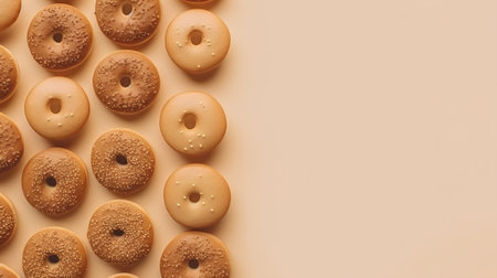 Biscuits with sesame seeds on beige background. Top view.の素材