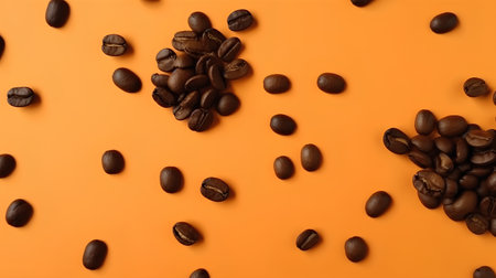 Coffee beans on orange background, top view. Space for textの素材