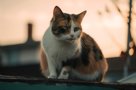 Tricolor cat sitting on the roof of the house. Sunsetの素材