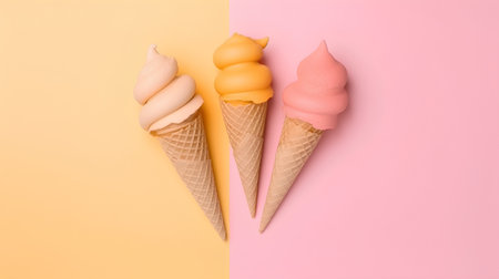 Ice cream cone on pink and yellow background. Minimal style.の素材