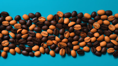 Coffee beans on turquoise background, close-upの素材