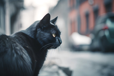 Black cat with yellow eyes on a city street. Shallow depth of field.の素材
