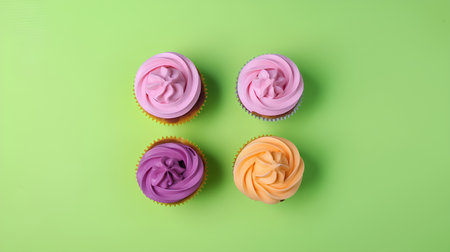Colorful cupcakes on green background. Top view, flat layの素材