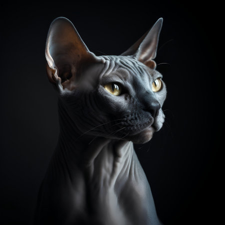 Portrait of a gray sphynx cat on a black backgroundの素材