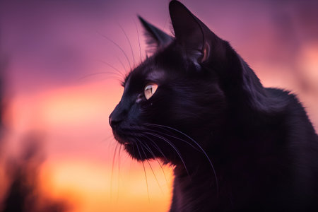 Portrait of a black cat with blue eyes on a sunset backgroundの素材