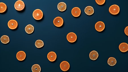 Creative layout made of orange slices on dark blue background. Flat lay, top view, copy spaceの素材