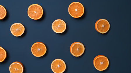 Orange fruit pattern on blue background. Flat lay, top view.の素材