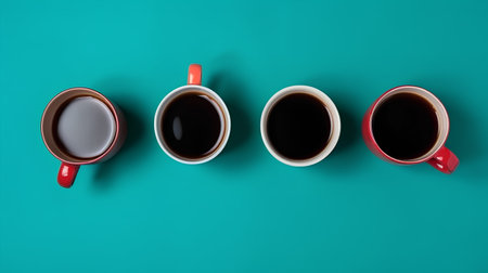 Coffee cups on green background. Top view, flat layの素材