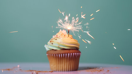 Birthday cupcake with sparkler over blue background. Shallow dof.の素材