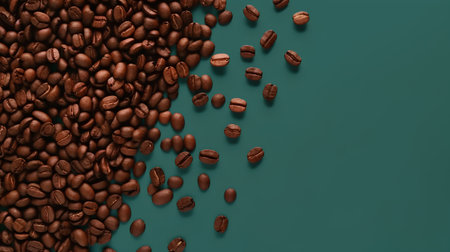 Coffee beans on green background. Top view with copy spaceの素材
