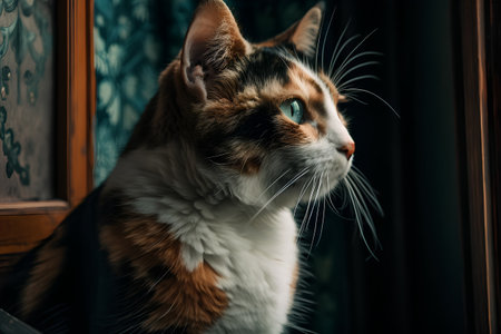 Portrait of a cat with green eyes on a window background.の素材