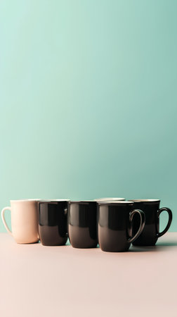 Three black and white coffee cups on pastel background with copy spaceの素材
