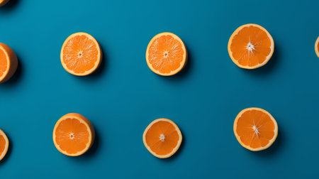 Creative pattern made of fresh orange slices on blue background. Flat lay, top viewの素材