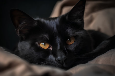 Black cat with yellow eyes lying on a bed in the dark.の素材
