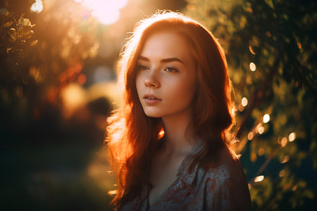 Beautiful young woman with red hair in the park at sunset.の素材