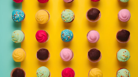 Colorful cupcakes on yellow and blue background, top view.の素材
