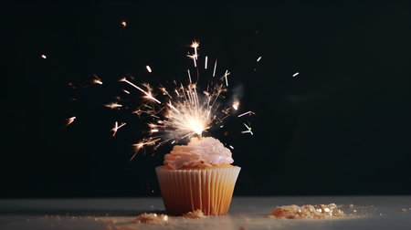 Birthday cupcake with sparkler on black background, shallow dofの素材